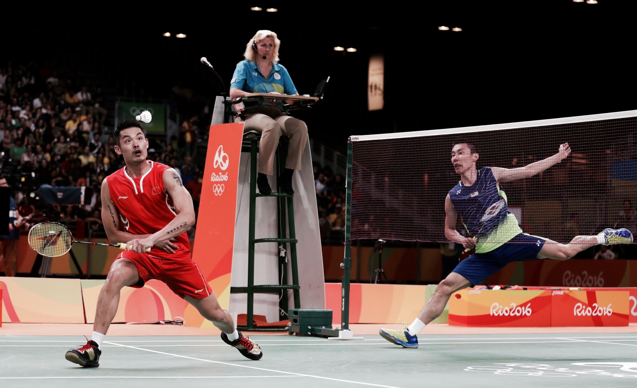 Lee Chong Wei and Lin Dan during the 2016 Rio Olympics badminton finals.