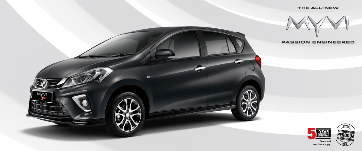 The sleek black Myvi.
