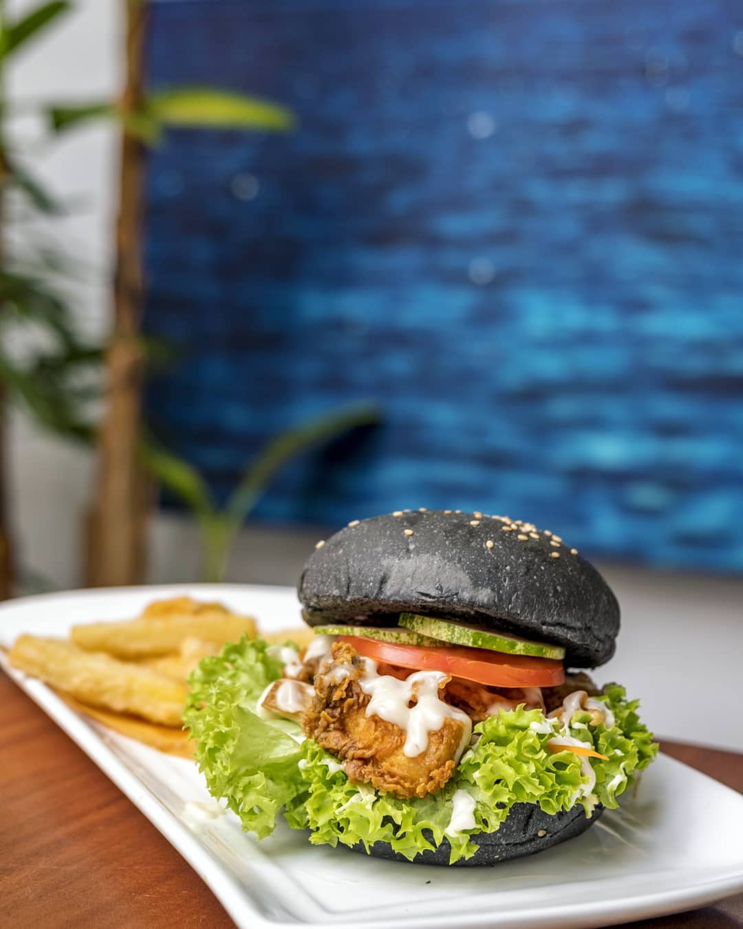 Blue Vegan Restaurant Black Magic Energy Mushroom Burger.