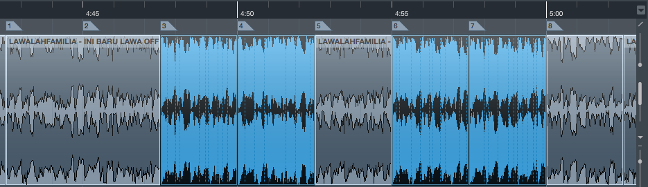The audio waveform, separated by bars