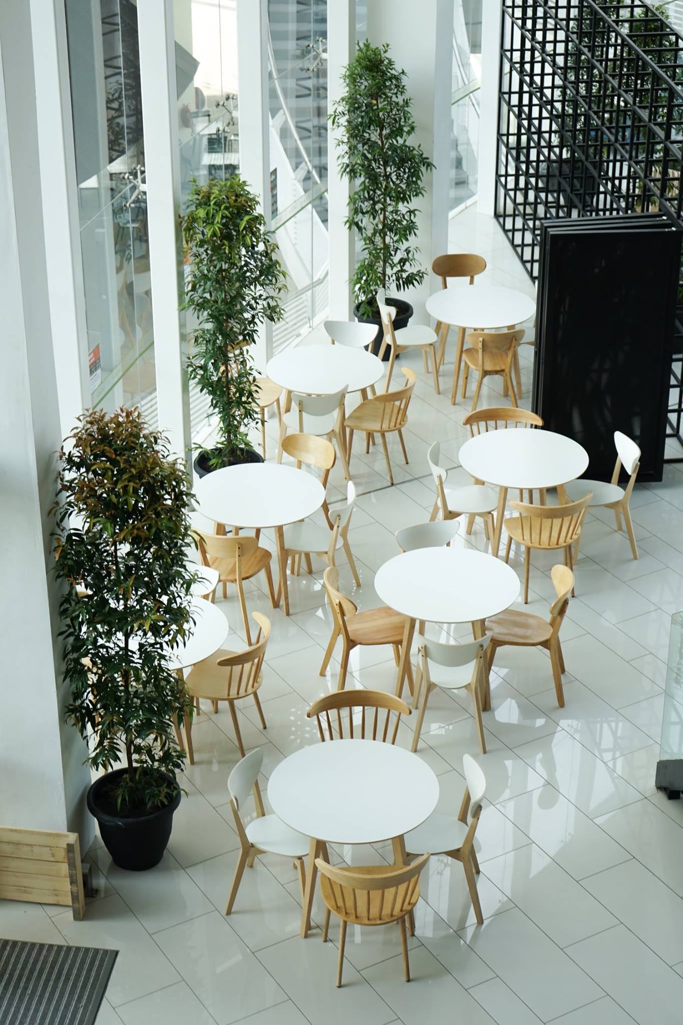 The minimalist seating area on the seventh floor.