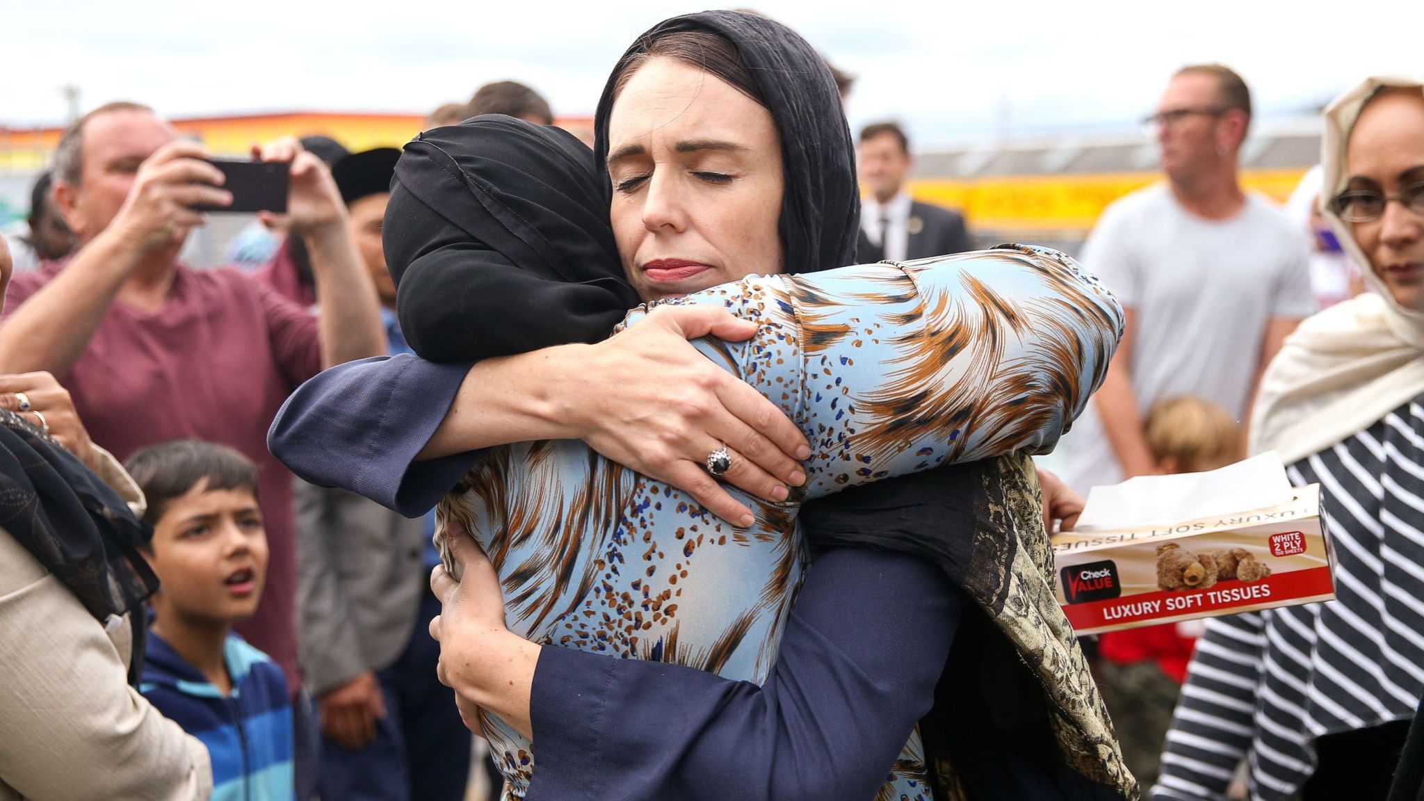 Sky News Jacinda comforting a woman during her visit to the mosque.