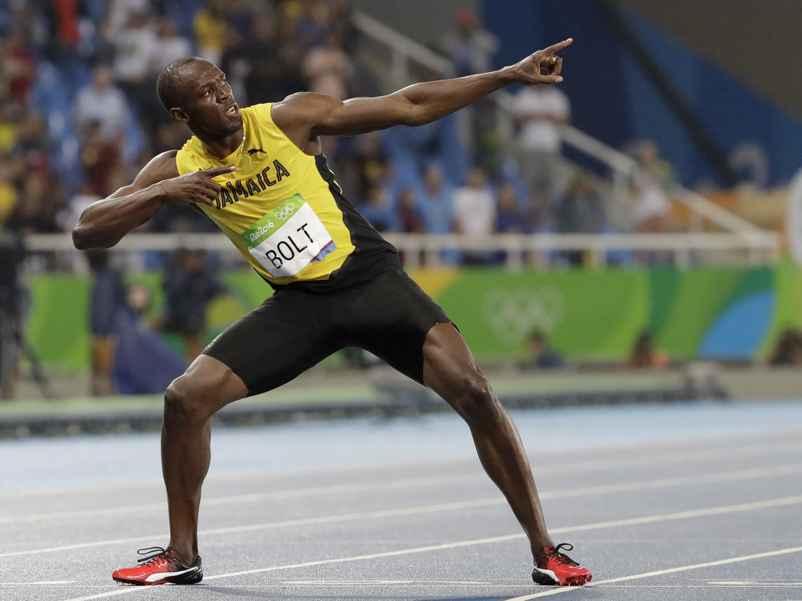 Usain Bolt's signature pose.