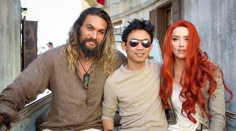 Wan with Momoa and Heard on set of 'Aquaman 2'.