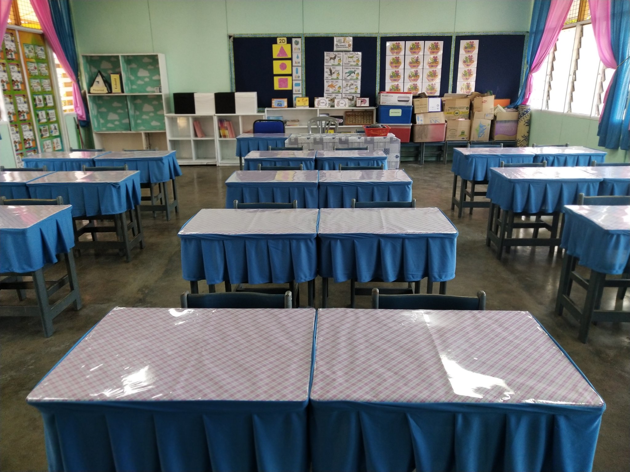 New curtains and table covers in place.