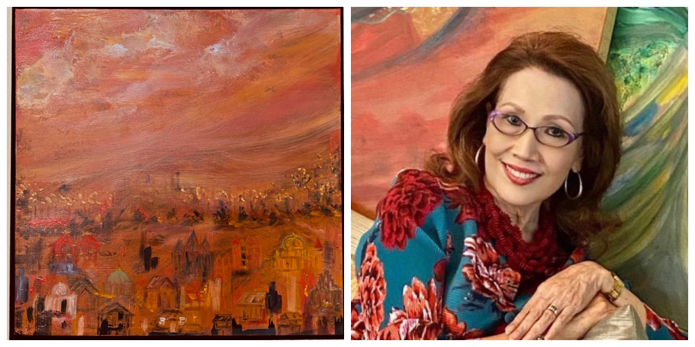 Datuk Halimah Mohd Said and her painting.