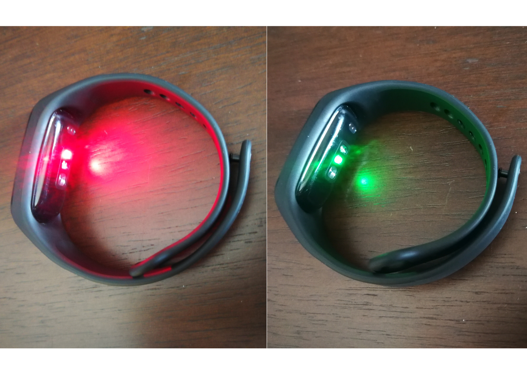 The red light senses the blood oxygen level while the green light senses the heart rate.