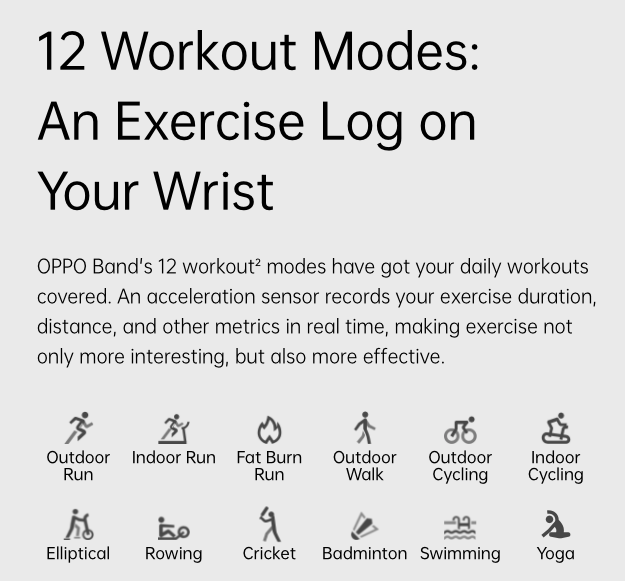 The 12 workout modes.