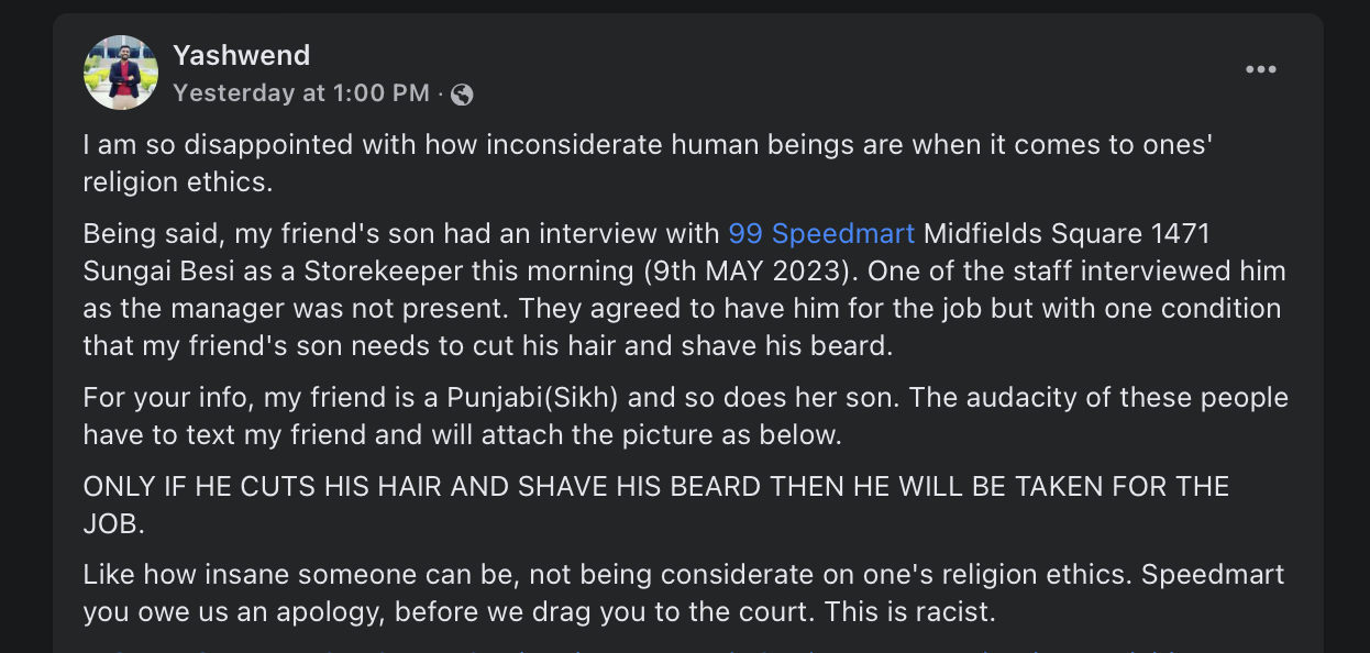 99 Speedmart discrimination