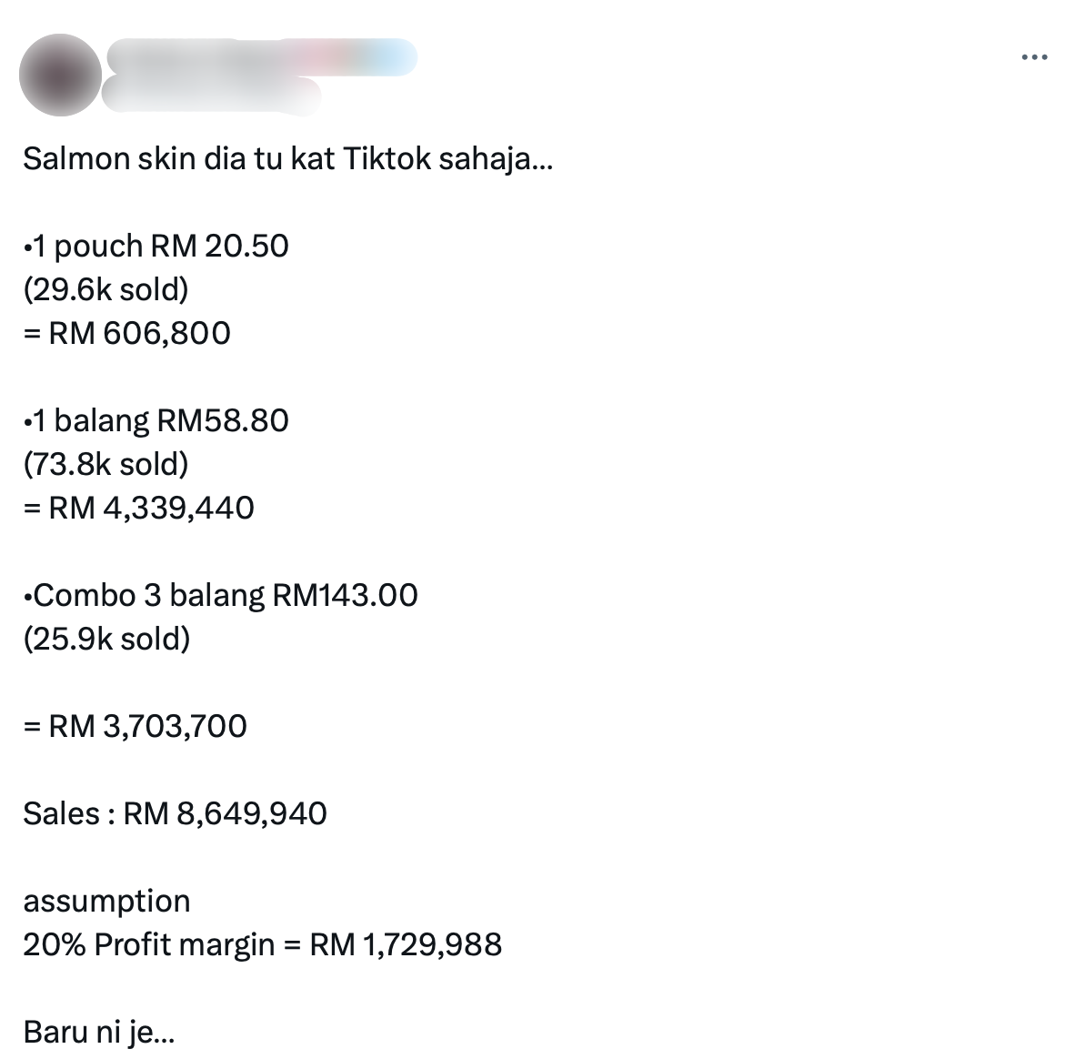 Netizen kirakan untung kasar Salmon Skin Cik B