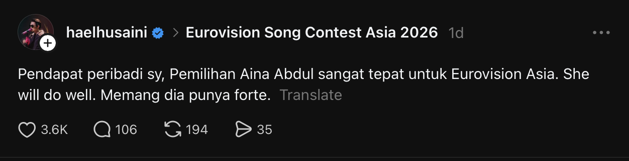Hantaran Hael Husaini mengenai Aina Abdul di Threads
