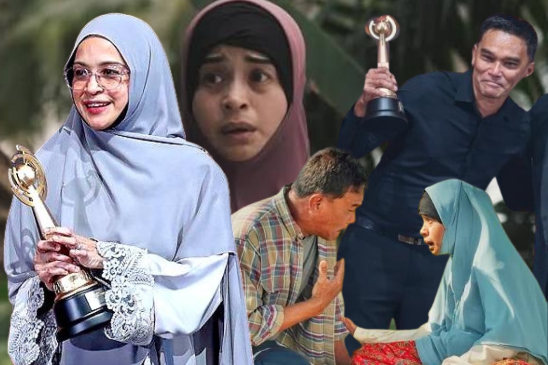 トロフィーを手にするNoorkhiriahとAzhan Rani、ドラマの場面写真を組み合わせた画像