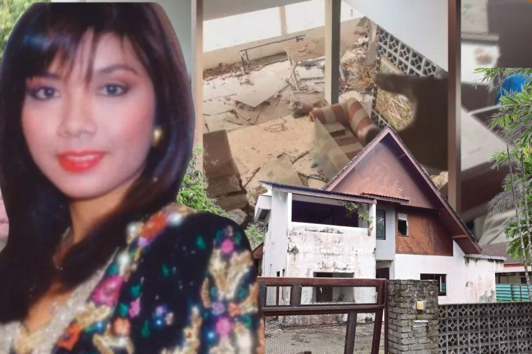ザリナ・アズマンの写真と、破損した空調設備などが映る住宅の様子