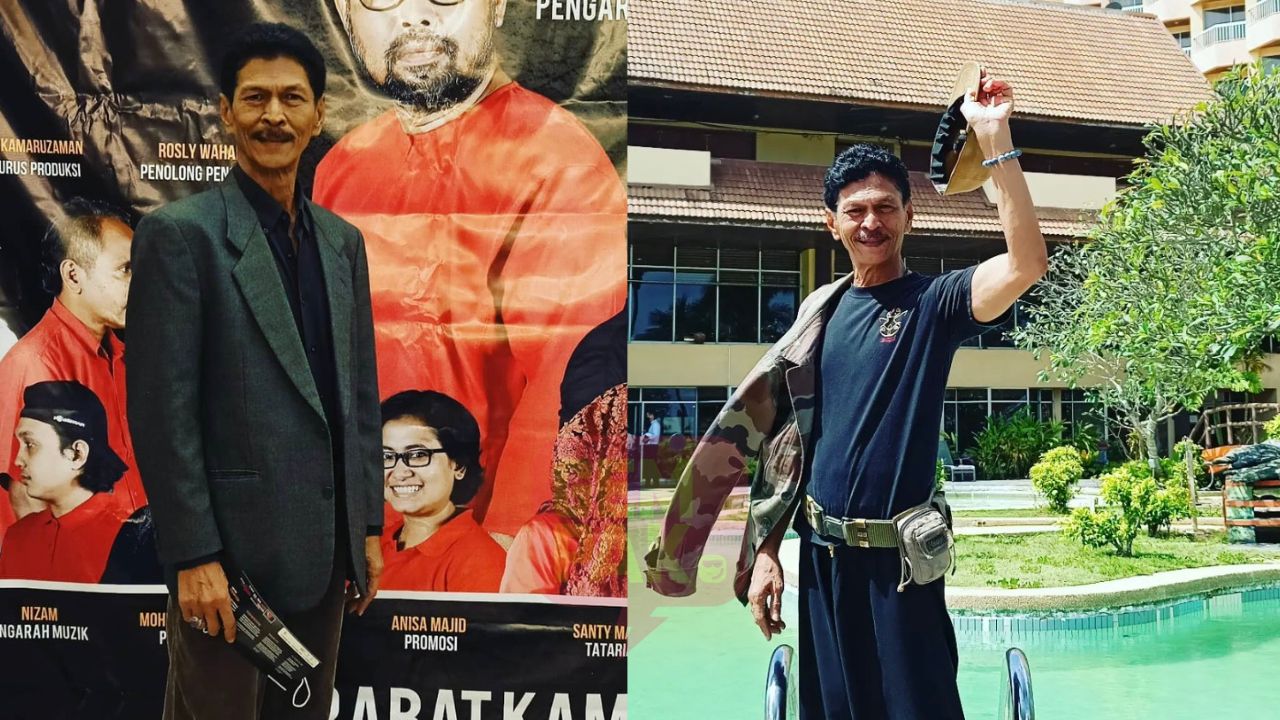 『Takluk 2: Op Daulat』のポスター前に立つエマン・マナンと、屋外で迷彩服を掲げるエマン・マナン