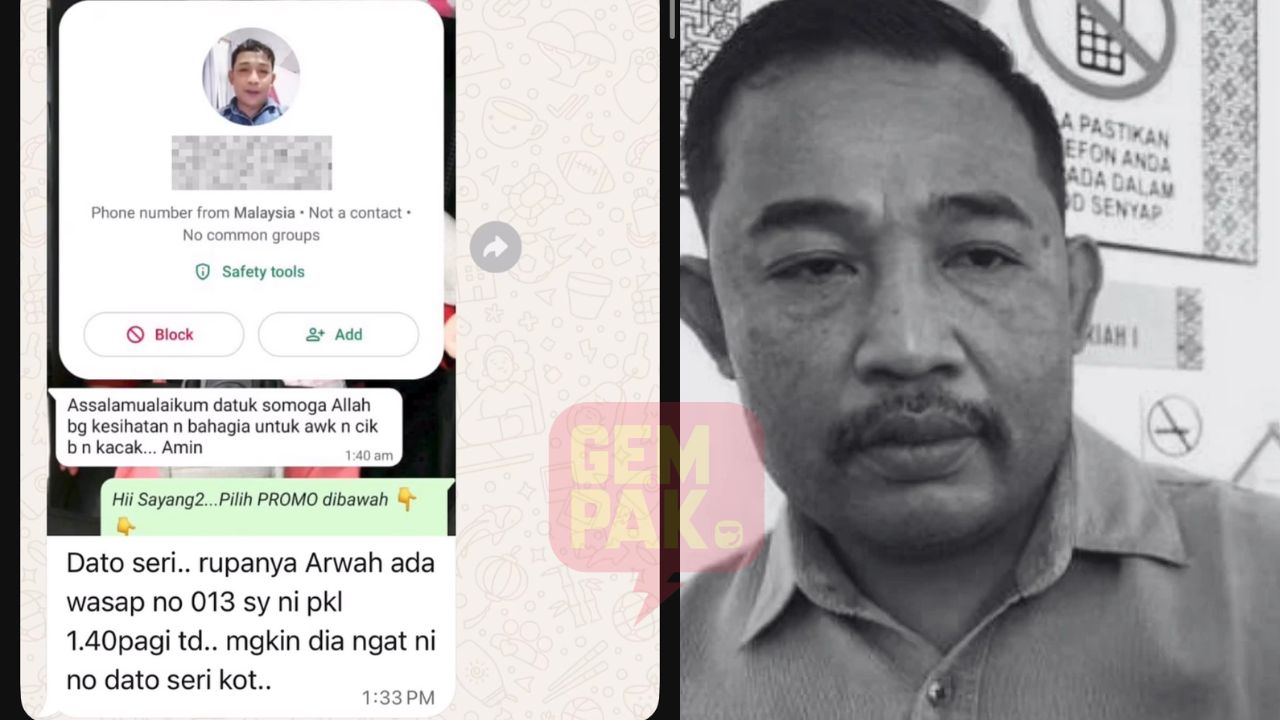亡くなったモハマド・アミン氏の写真と、Cik Bらの健康と幸せを願うWhatsAppメッセージ