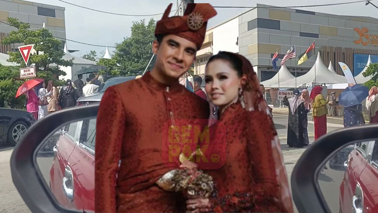 披露宴会場の周辺に集まった人々と、結婚衣装姿のベラ・アスティラ、サイード・サディック