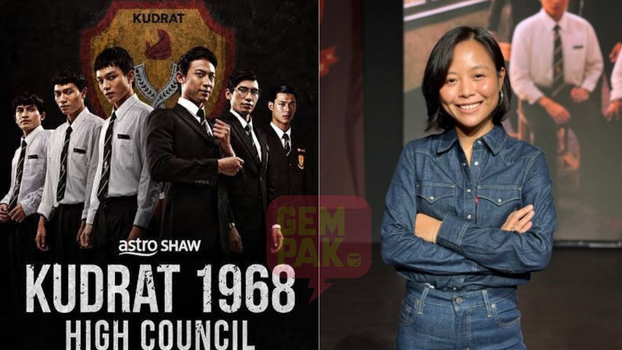 映画「KUDRAT 1968: High Council」のポスターと、プレミア上映会で取材に応じるZulaikha Zakaria監督