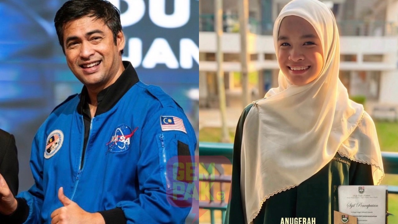 宇宙飛行士シェイク・ムザファルと、賞状を手に笑顔を見せる娘タシャの写真を並べた画像。Gempakのロゴ入り。