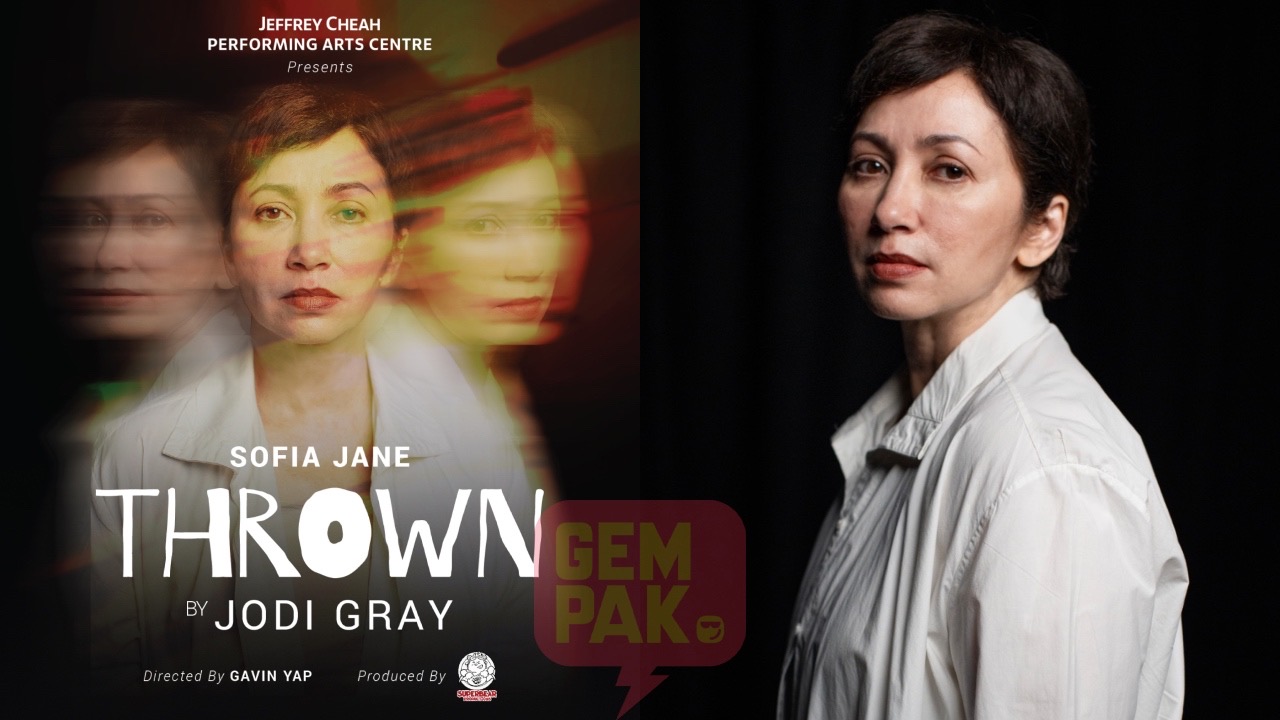 舞台「Thrown」の告知画像。ソフィア・ジェーンの肖像と、作品名、作・演出などの表記が見える。