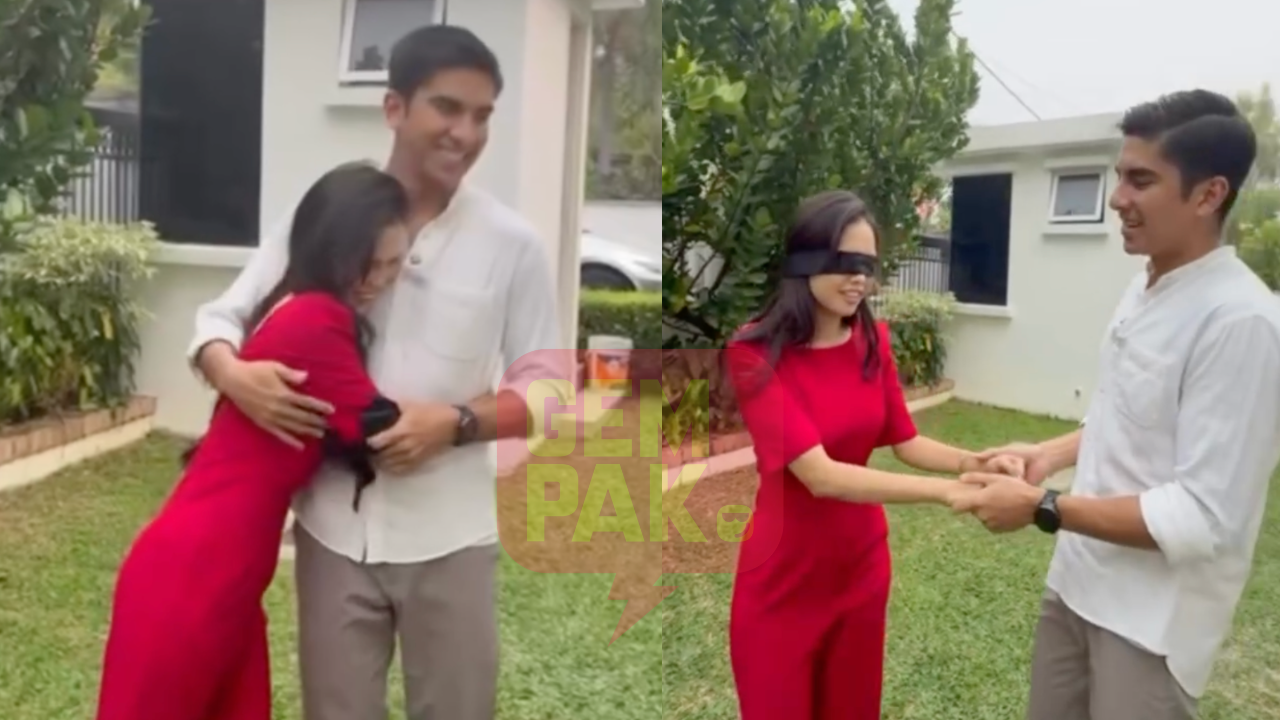 赤い服のBella Astillahが目隠しをしてSyed Saddiqからサプライズを受け、抱き合う様子を並べた写真