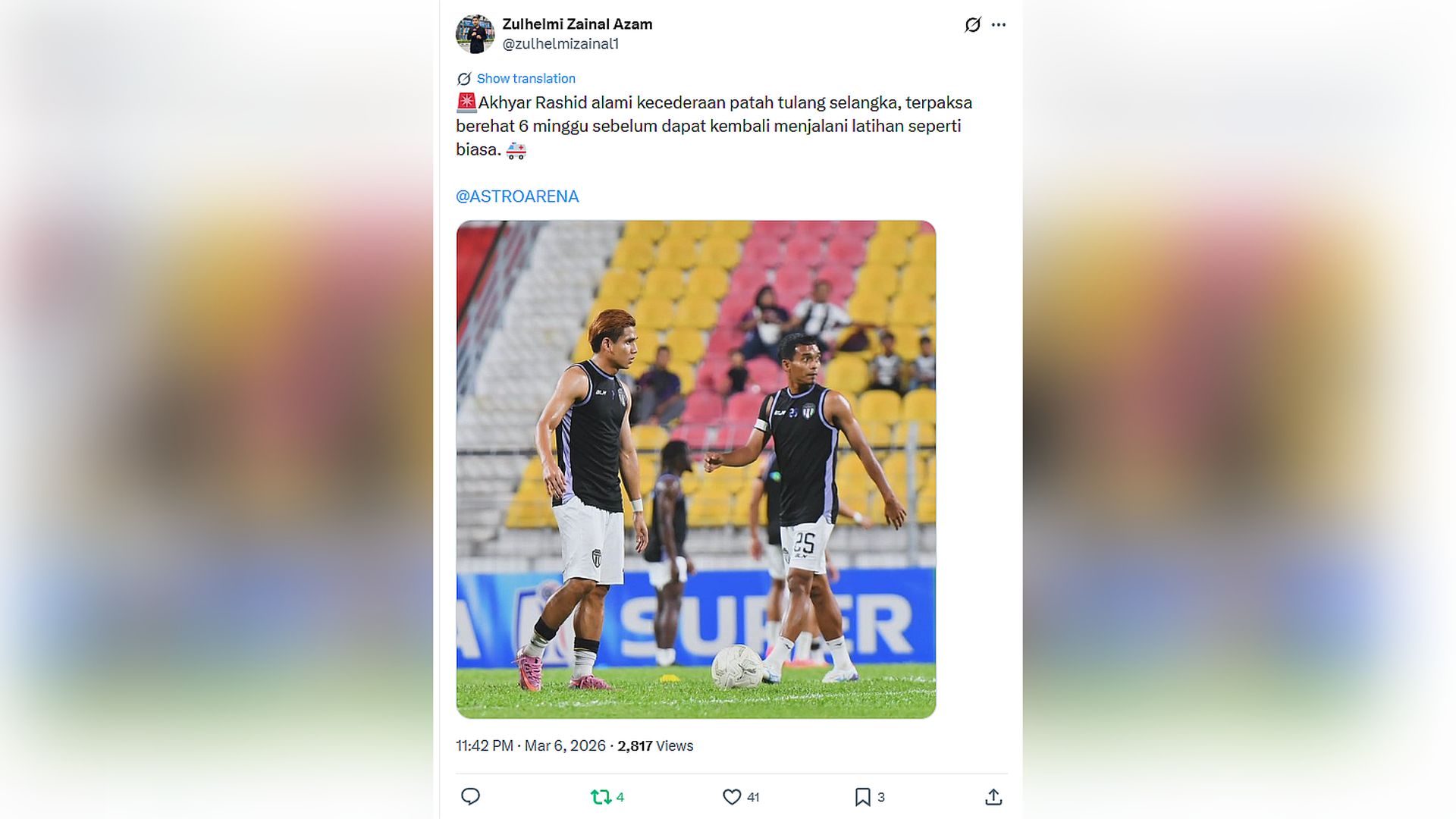 Akhtiar Rid Akhyar Rashid patah tulang selangka, terpaksa berehat enam minggu ...