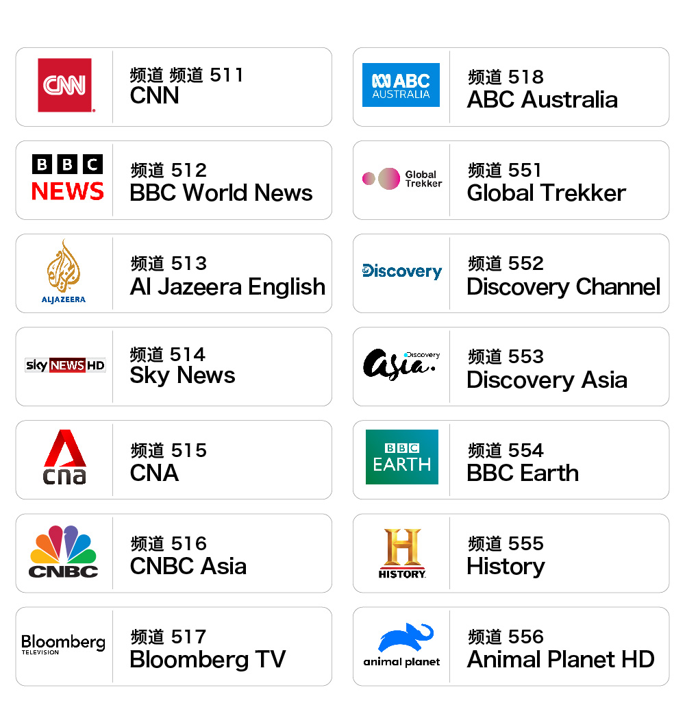 1. CNN – 频道 511 2. BBC World News – 频道 512 3. Al Jazeera English – 频道 513 4. Sky News – 频道 514 5. CNA – 频道 515 6. CNBC Asia – 频道 516 7. Bloomberg TV – 频道 517 8. ABC Australia – 频道 518 9. Global Trekker – 频道 551 10. Discovery Channel – 频道 552 11. Discovery Asia – 频道 553 12. BBC Earth – 频道 554 13. History – 频道 555 14. Animal Planet HD – 频道 556