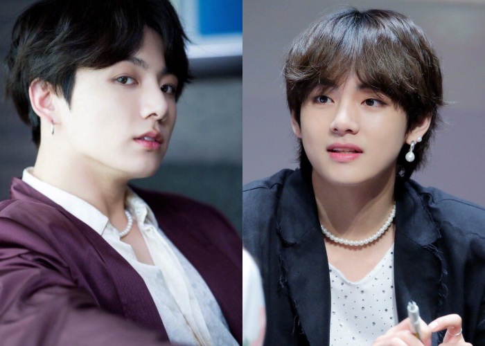 防弹少年团成员V、Jungkook佩戴珍珠