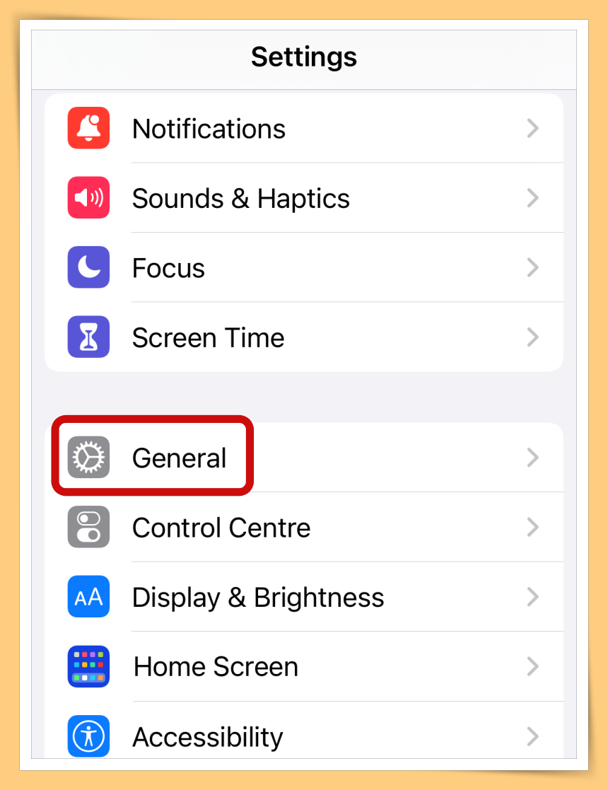 After Settings click General