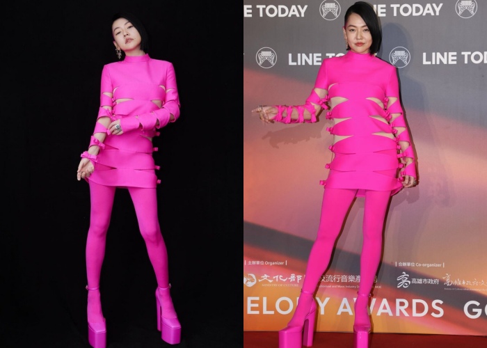 小S穿Valentino Pink PP镂空桃红洋装