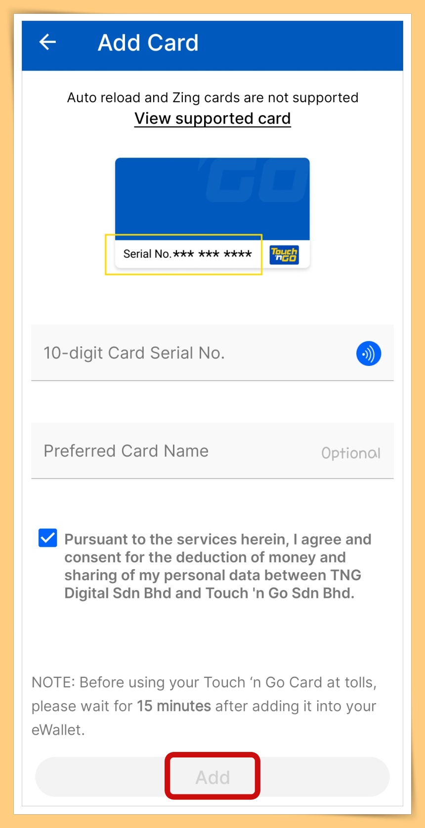 Fill in Serial No and click add