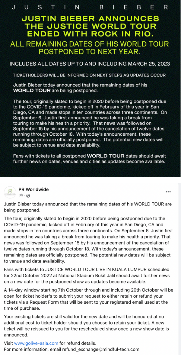Justin Bieber 演唱会延迟公告