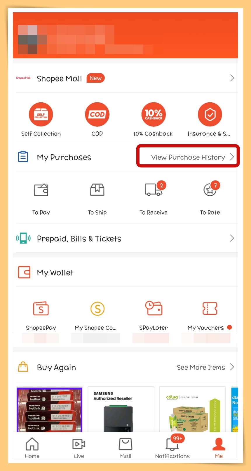 步骤1:打开Shopee App,点击“Me”页面,再点击“View Purchase History”