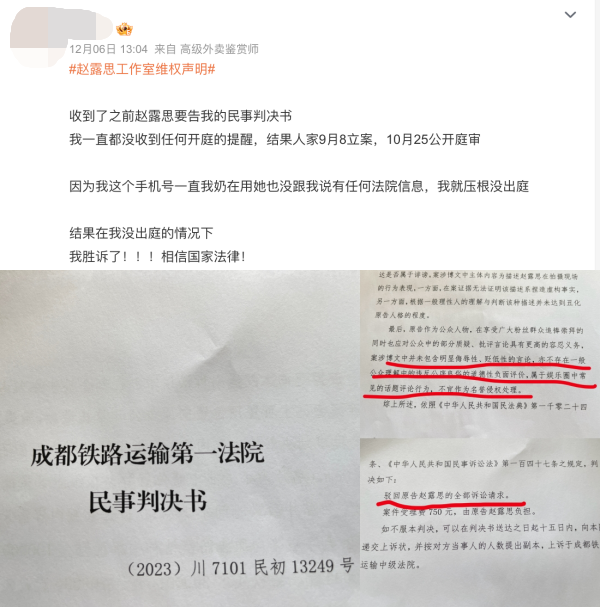 赵露思告黑粉败诉