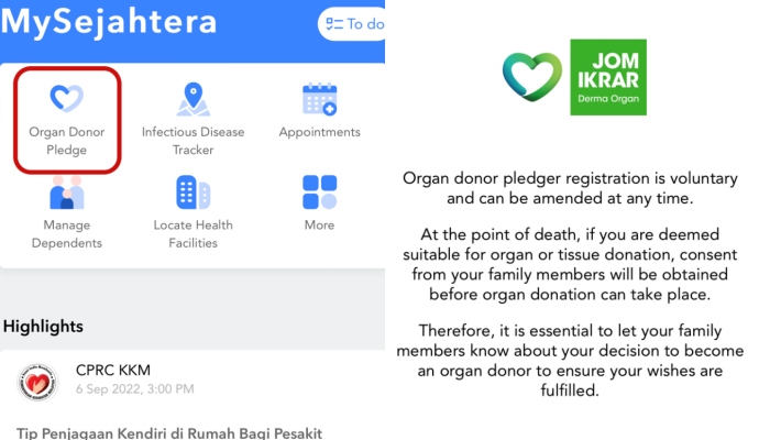 可以用MySejahtera申请器官捐献