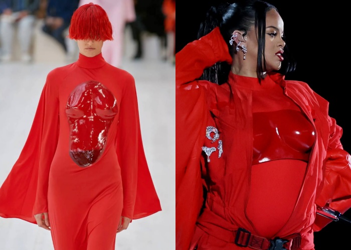 Rihanna穿上Loewe红色马甲