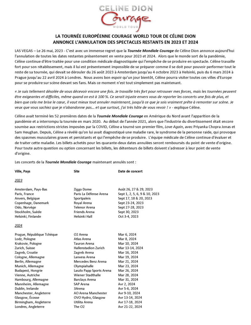 Celine Dion取消42场巡演