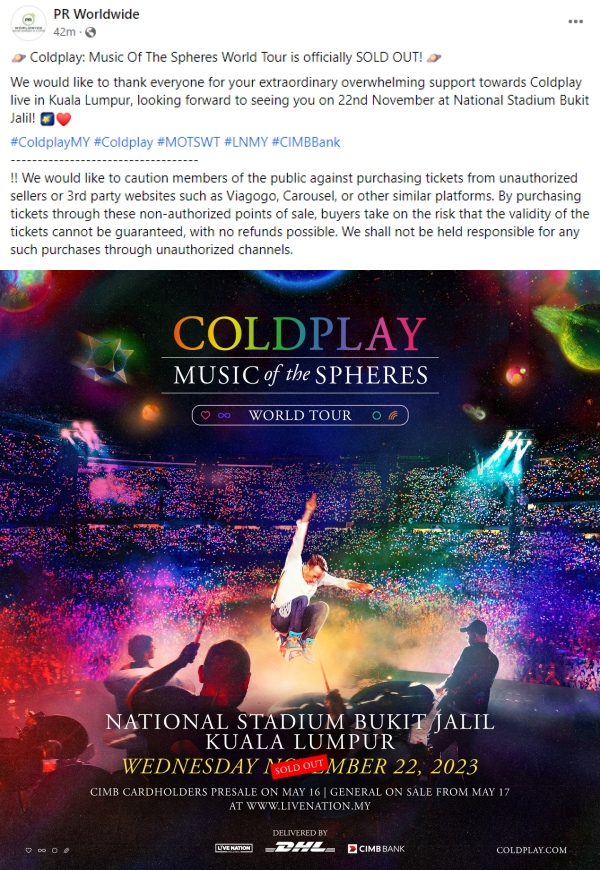 官方宣布Coldplay大马演唱会售罄!