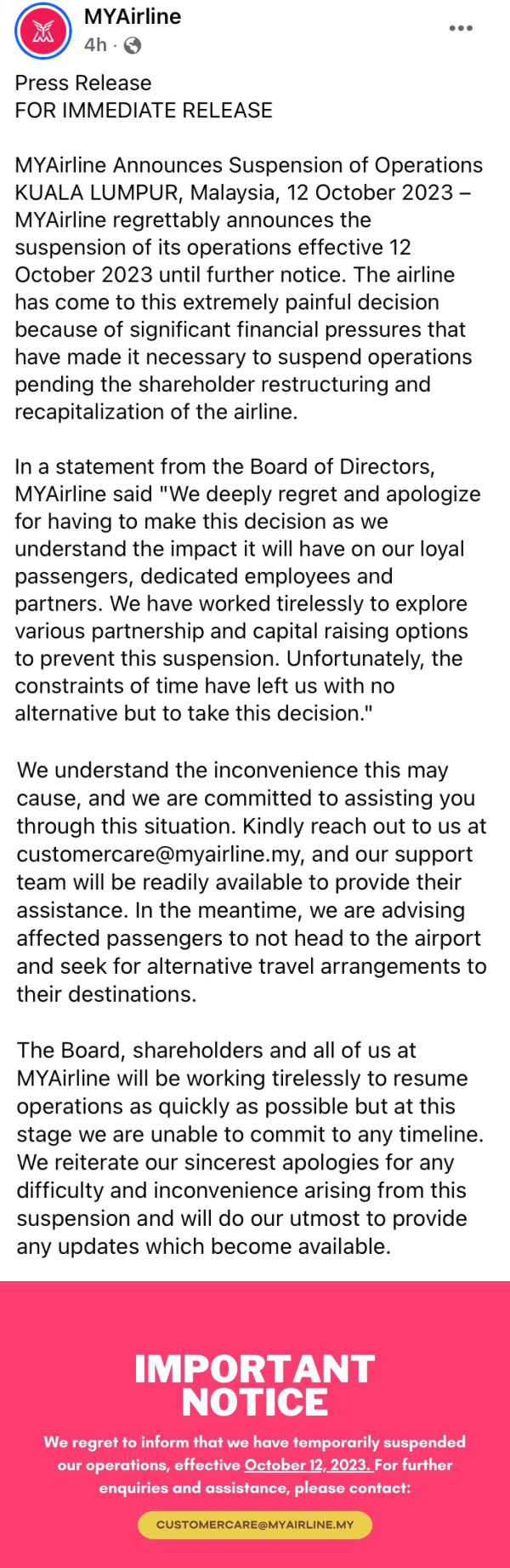 MYAirline宣布停飞