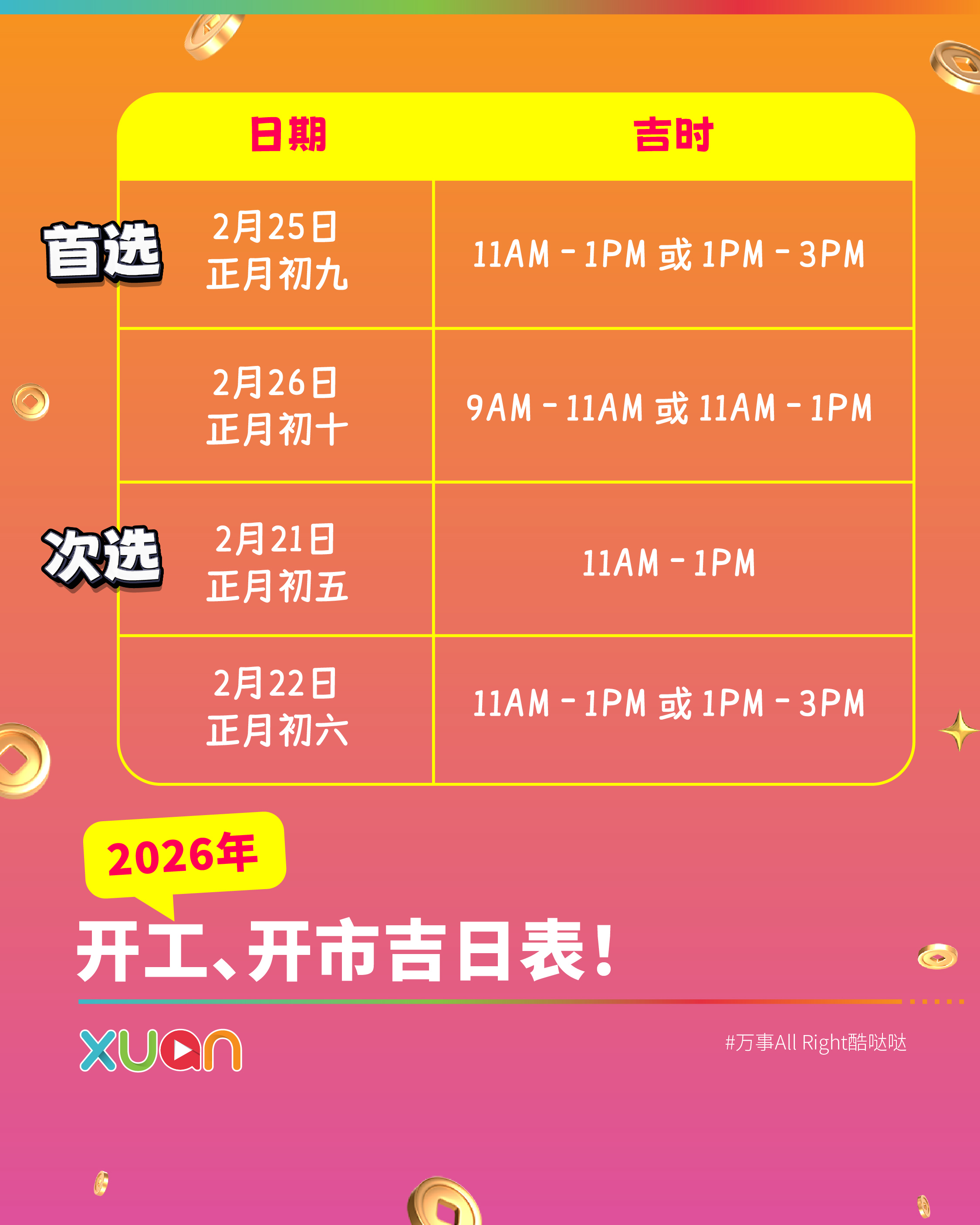 2026 开工吉日表