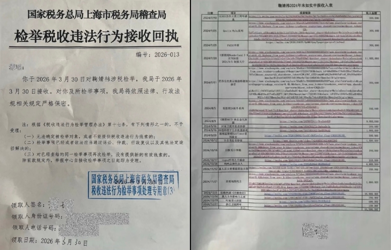 鞠婧祎遭前经纪公司举报：偷税漏税！