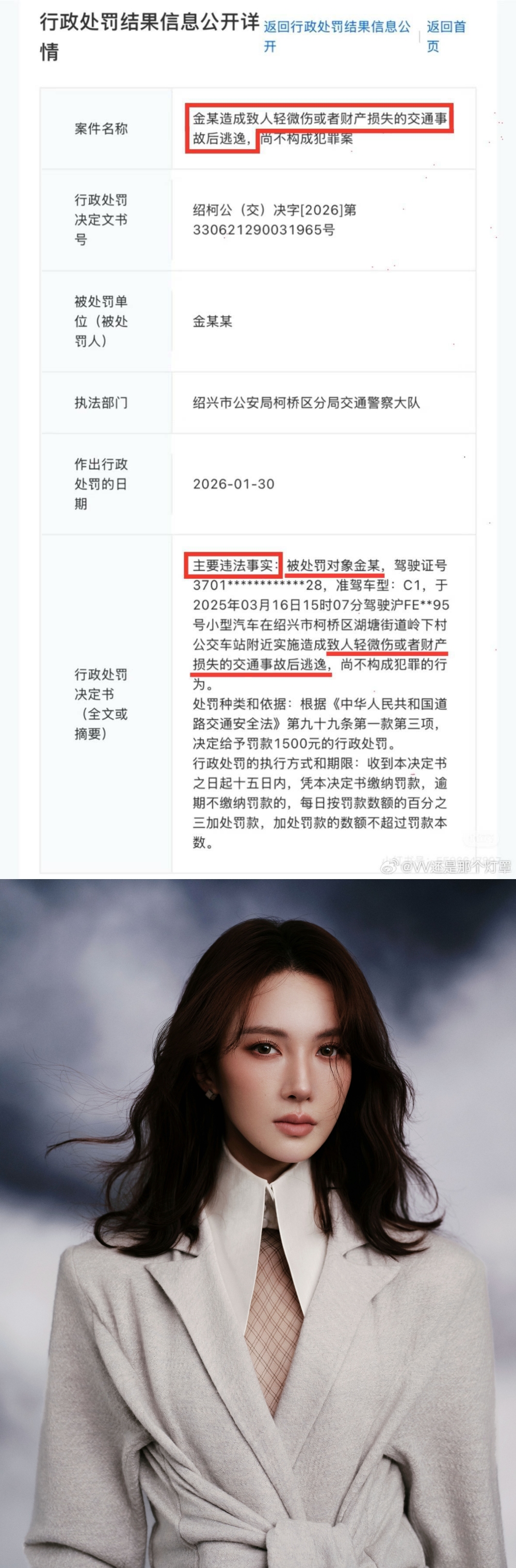 金晨肇事逃逸+助理顶包案结果出炉