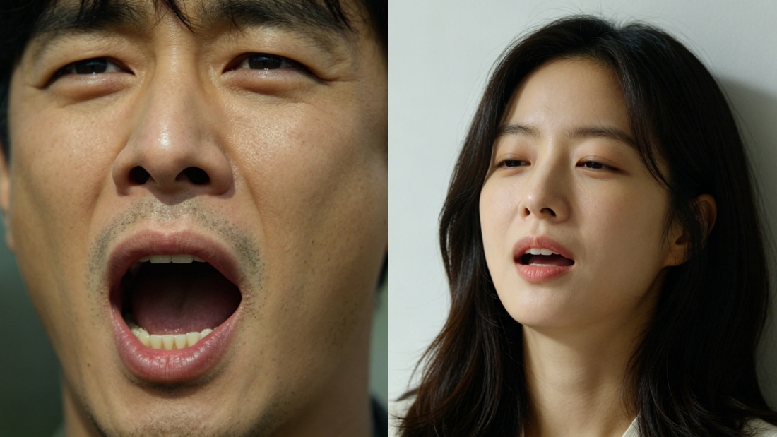 生成一个亚裔女人，用口呼吸的照片 尺寸1100x619